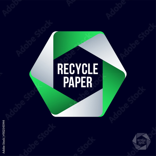 Recycle paper icon. Hexagon consists of white and green paper elements. Symbol of recycle and reused.