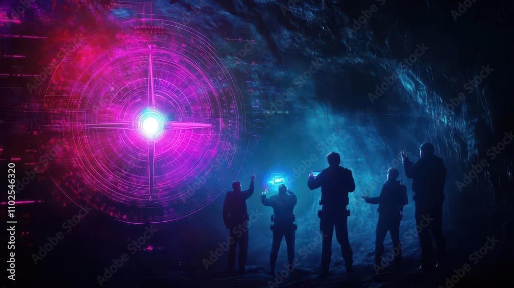 A team of explorers planning their next move using a glowing holographic compass in a mystical cave, fantasy meets technology, vibrant colors A team of explorers planning their next move using a glowing holographic compass in a mystical cave, fantasy meets technology, vibrant colors