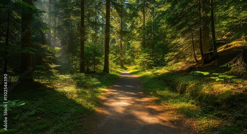 A peaceful hiking trail through a forest with sunlight filtering through the trees A peaceful hiking trail through a forest with sunlight filtering through the trees
