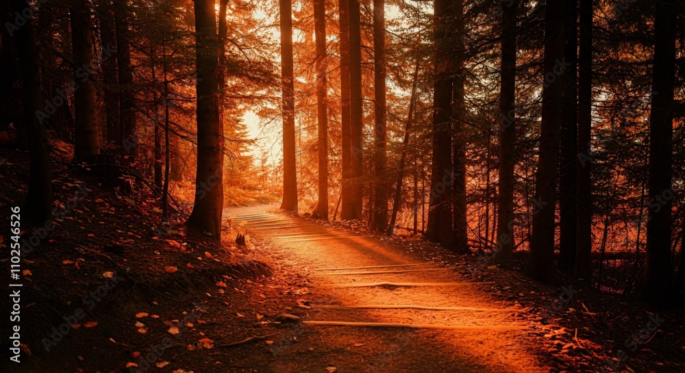 A peaceful hiking trail through a forest with sunlight filtering through the trees A peaceful hiking trail through a forest with sunlight filtering through the trees
