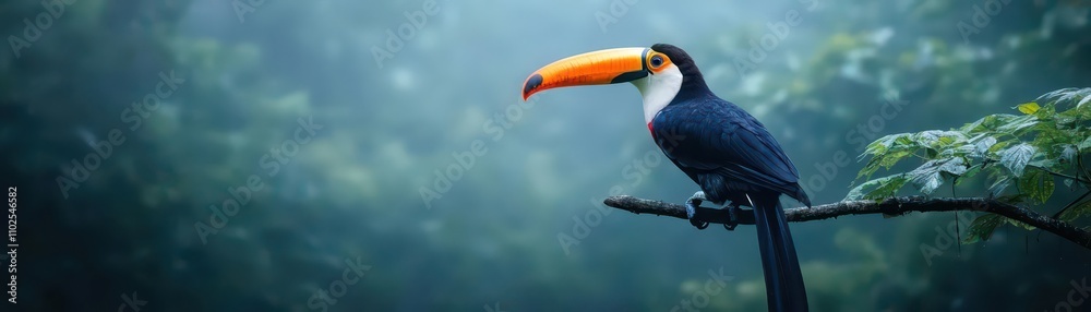 Obraz premium A toucan perched on a branch amidst misty jungle foliage, vivid orange beak, diffused lighting, detailed realism, oil painting style