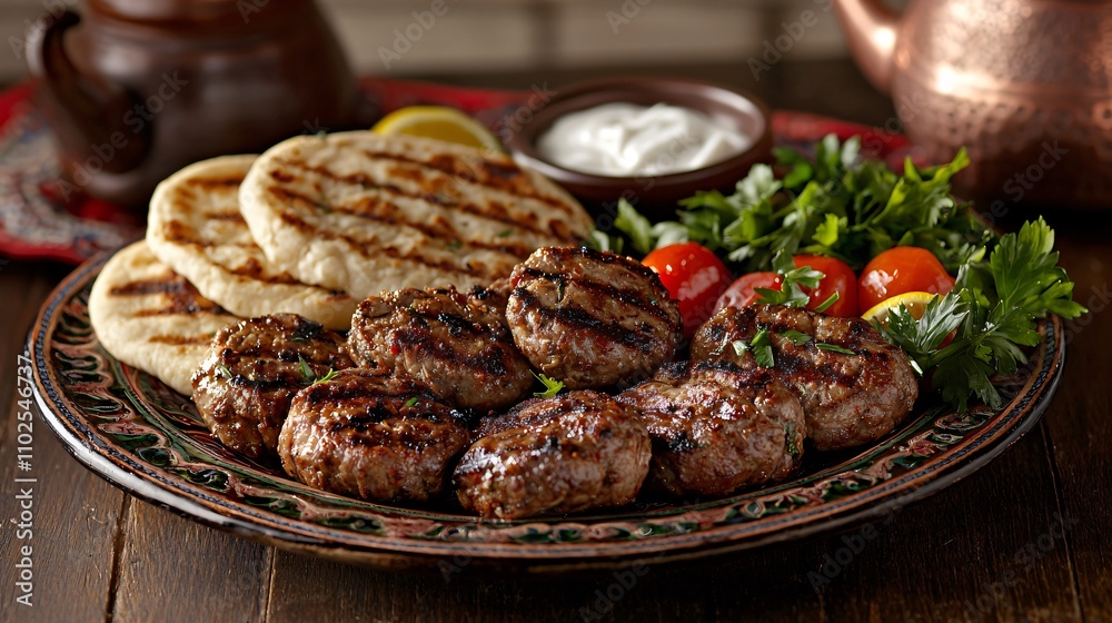 Sizzling Turkish kebabs on a ceramic platter with grilled veggies, flatbread, and yogurt sauce. Warm, inviting, and authentic.
Sizzling Turkish kebabs on a ceramic platter with grilled veggies, flatbread, and yogurt sauce. Warm, inviting, and authentic.