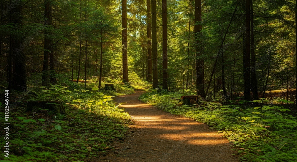 A peaceful hiking trail through a forest with sunlight filtering through the trees A peaceful hiking trail through a forest with sunlight filtering through the trees