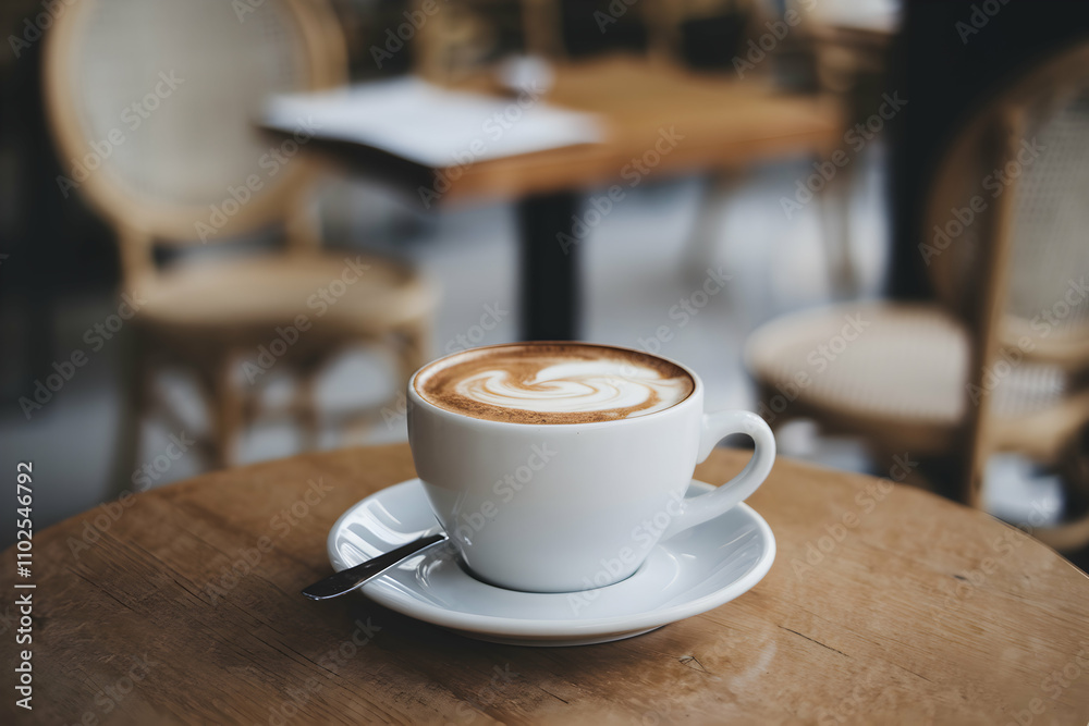 Cozy Cafe Setting Cappuccino cup with frothy design on a table, serene background Cozy Cafe Setting Cappuccino cup with frothy design on a table, serene background