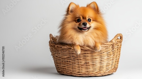 Pomeranian sitting in a basket on white background 169 photo