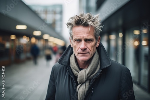 Portrait of a handsome middle-aged man with blond hair in the city