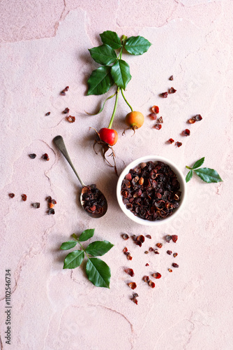 Dried Organic Rosehip Berry Shells with Fresh Rosehip Berries. photo