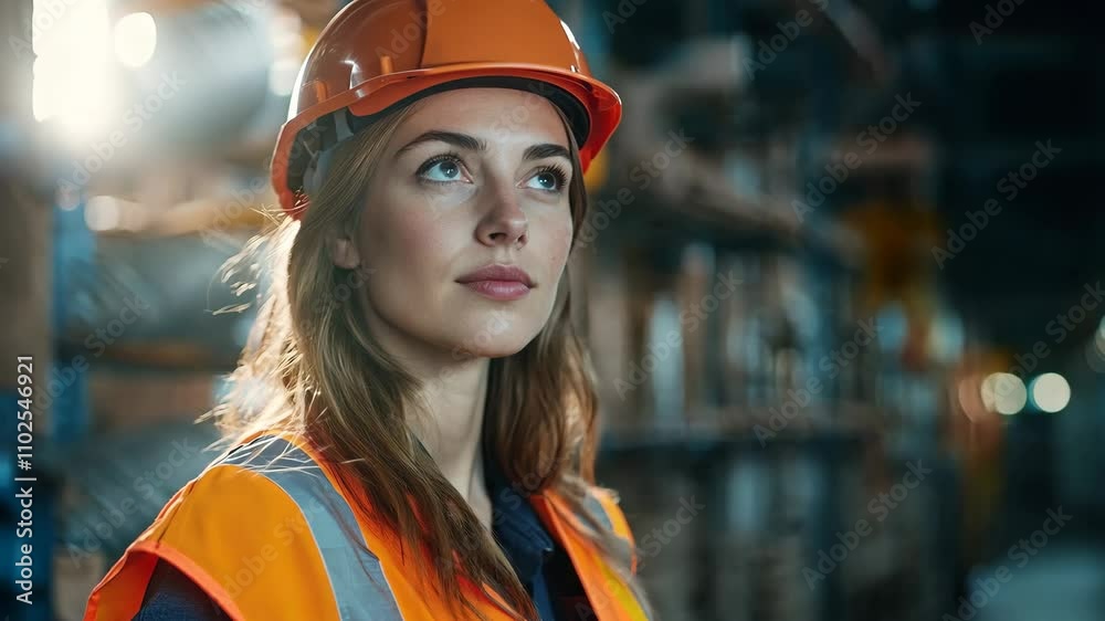 A woman in an orange safety vest and hard hat stands in an industrial setting with a focused expression, illuminated by the soft glow of control panel lights. 4K Video A woman in an orange safety vest and hard hat stands in an industrial setting with a focused expression, illuminated by the soft glow of control panel lights. 4K Video