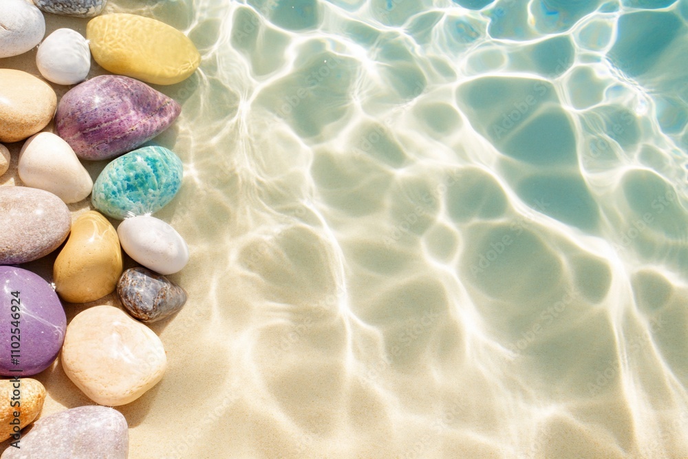 Colorful pebbles by a shimmering water surface on a beach.