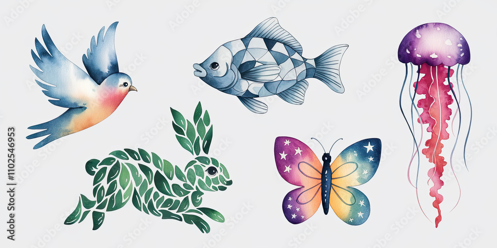 Whimsical Watercolor Illustration of Five Different Animals