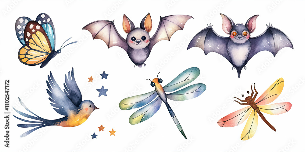 Whimsical Watercolor Illustration of Five Different Artistic Creatures Whimsical Watercolor Illustration of Five Different Artistic Creatures