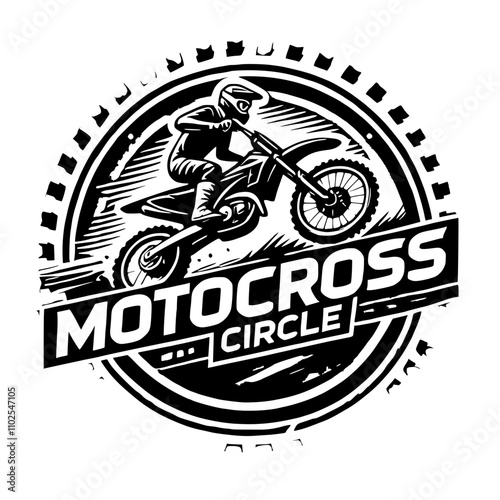 Dynamic motocross logo featuring a dirt bike rider mid-jump, surrounded by a gear-inspired border with bold typography, evoking adrenaline, speed, and rugged off-road adventure.