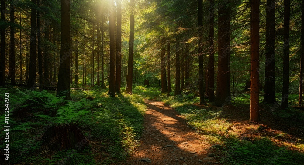 Obraz premium A peaceful hiking trail through a forest with sunlight filtering through the trees