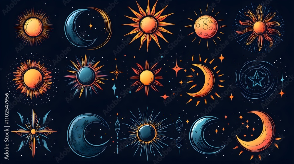 Celestial tribal symbols, sun and moon contrast, cosmic colors, 3D flat design Celestial tribal symbols, sun and moon contrast, cosmic colors, 3D flat design