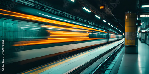 Speeding train in subway tunnel, long exposure photography, colorful lights in transit, urban underground, fast moving subway