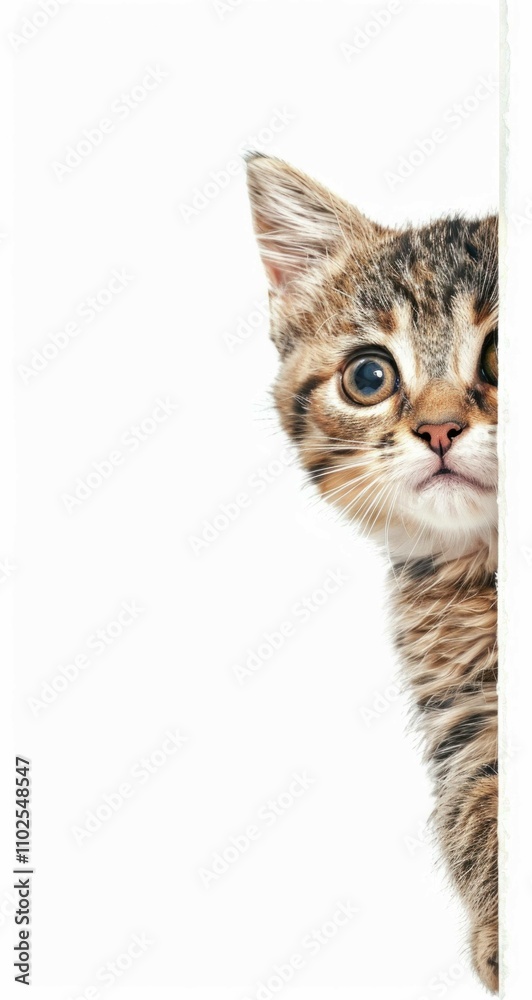 Fototapeta premium Curious tabby kitten peeking around a corner, showcasing its playful demeanor and expressive eyes, set against a clean white background.