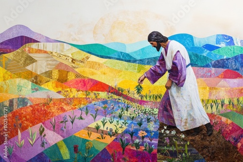 Modern Interpretation of the Parable of the Sower with Vibrant Collage and Jesus Tending to Plants