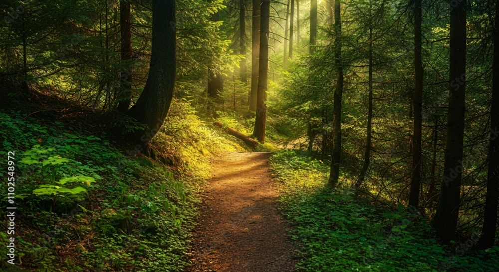 A peaceful hiking trail through a forest with sunlight filtering through the trees A peaceful hiking trail through a forest with sunlight filtering through the trees