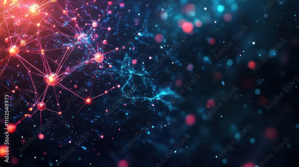 Obraz premium Abstract depiction of neural networks as a watercolor galaxy of glowing nodes and flowing connections in a cosmic background