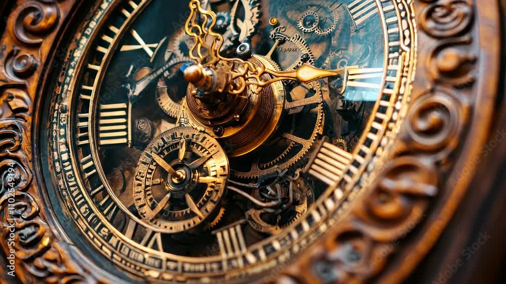 An ornate antique clock showcases its complex inner workings, symbolizing the essence of time management and urgency. 4K Video