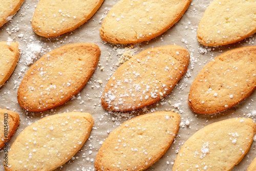 Homemade rustic biscuits. Some ingredients are: eggs; sugar; flour; butter. Top View photo