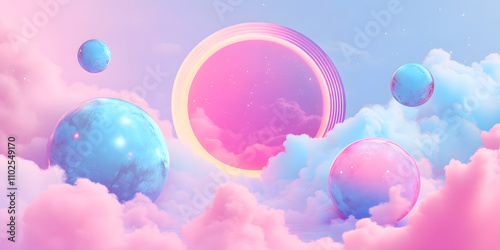 Dreamy Sky with Floating Orbs, Pink and Blue Spheres in the Clouds, Surreal Fantasy Landscape, Celestial Themed Artwork