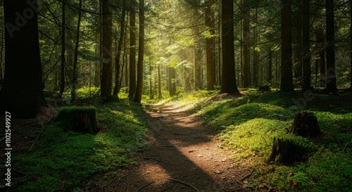 A peaceful hiking trail through a forest with sunlight filtering through the trees