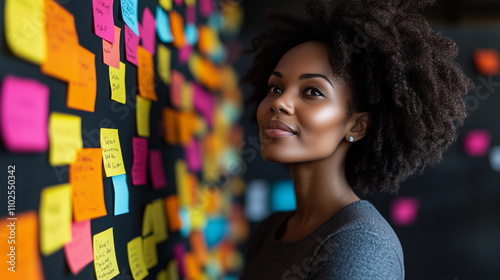 african american woman in an office brainstorming session is working with colorful task stickers for organization and productivity