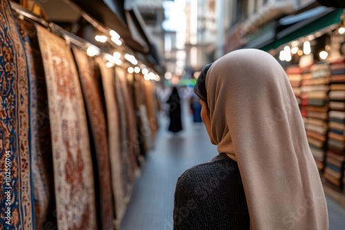 A stylish woman with a headscarf stands calmly in a vibrant market surrounded by colorful carpets, capturing the essence of cultural heritage and craftsmanship. photo