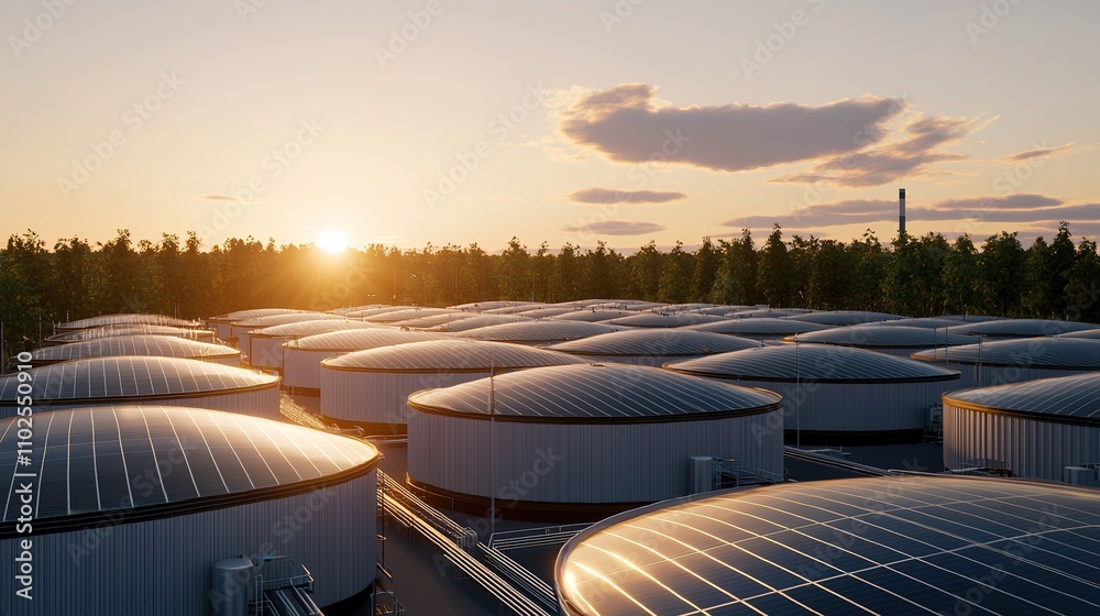 A serene landscape featuring solar panels atop circular structures, with a beautiful sunset illuminating a forested backdrop. A serene landscape featuring solar panels atop circular structures, with a beautiful sunset illuminating a forested backdrop.