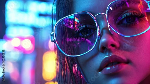Fashion model posing, in a cyberpunk setting, neon lights, high contrast, vibrant colors, 4K Video