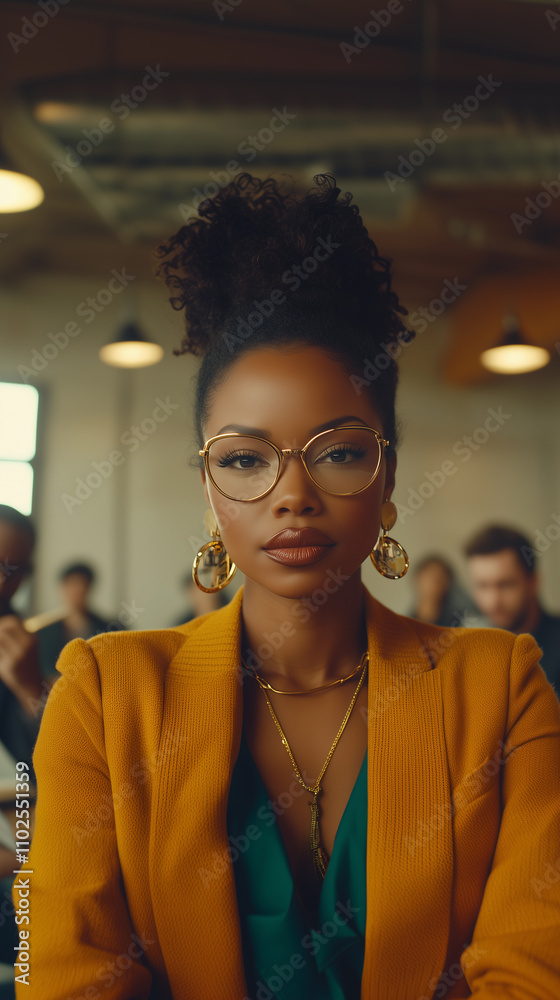 An African American woman with an elegant leadership presence, wearing a yellow outfit and glasses, is presenting at a conference in front of an audience during a work meeting in an office setting
