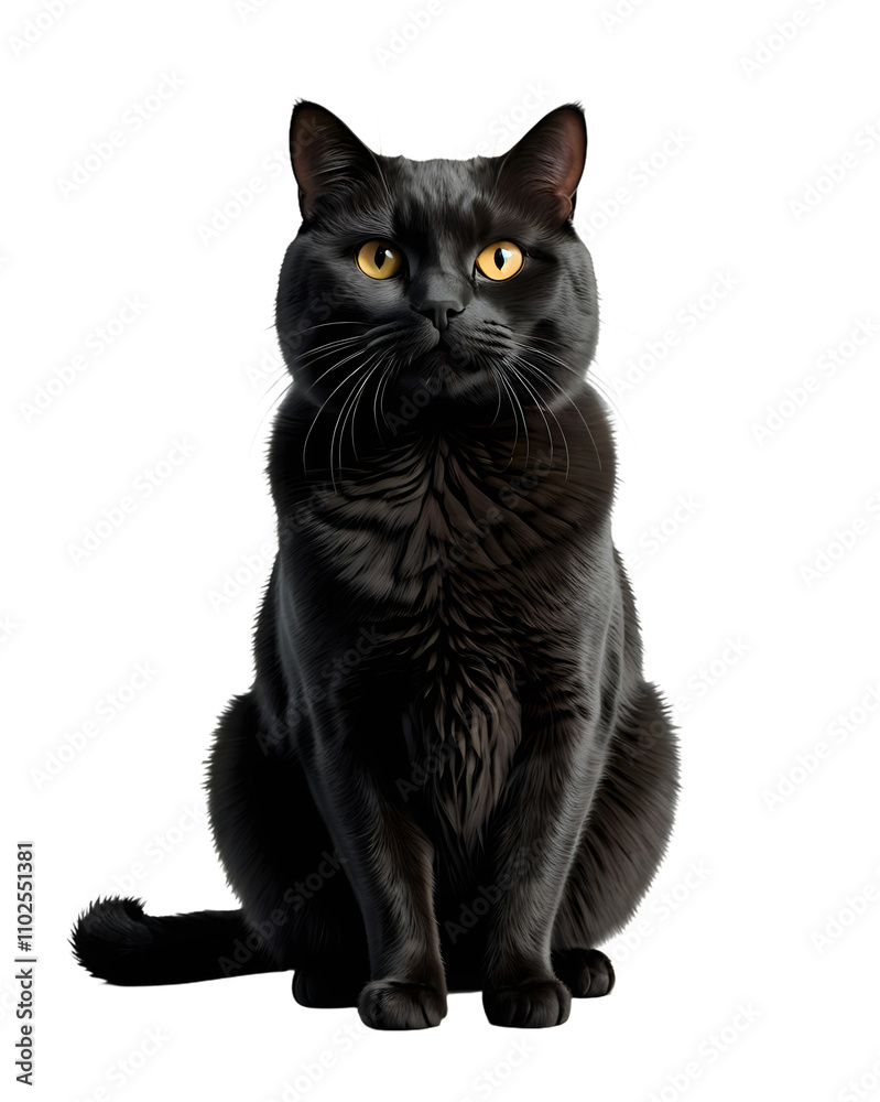 A black cat with yellow eyes is sitting on a white background. The cat's eyes are wide open, giving it a curious and alert appearance A black cat with yellow eyes is sitting on a white background. The cat's eyes are wide open, giving it a curious and alert appearance