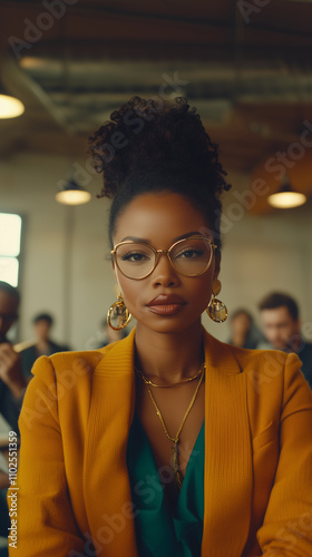 Obraz na płótnie An African American woman with an elegant leadership presence, wearing a yellow outfit and glasses, is presenting at a conference in front of an audience during a work meeting in an office setting w salonie
