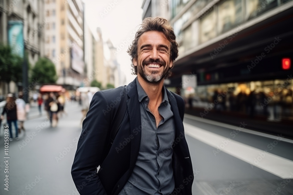 Portrait of a handsome man smiling in the city streets with buildings in the background Portrait of a handsome man smiling in the city streets with buildings in the background