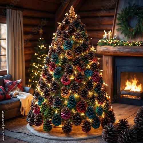 A whimsical Christmas tree created from colorful painted pinecones,  set in a cozy forest cabin with wooden interiors, magical and charming atmosphere , 300 DPI High Resolution photo