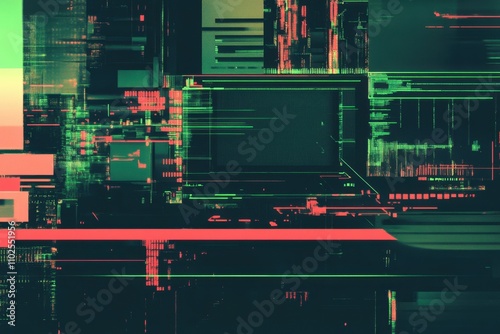 Abstract tech background. Retro green monochrome phosphor monitor display with pixel sorting glitch effect 