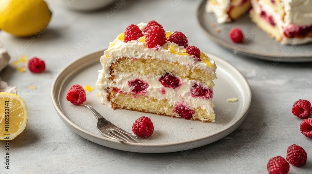 A tangy raspberry lemon cake with whipped lemon cream and fresh raspberries A tangy raspberry lemon cake with whipped lemon cream and fresh raspberries