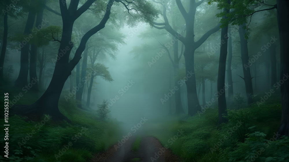 Obraz premium Mysterious Forest with Tall Trees and Fog
