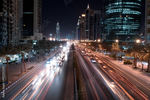 A stunning urban night scene showcasing vibrant city lights and blurred traffic, capturing the essence of a bustling metropolis filled with energy and life.