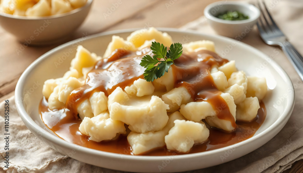 plate of creamy mashed potatoes topped with gravy and garnished with parsley plate of creamy mashed potatoes topped with gravy and garnished with parsley