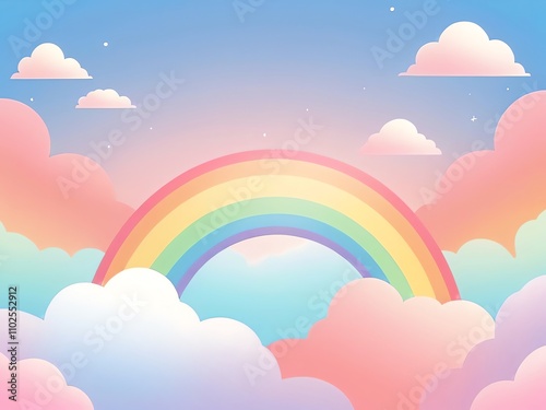 Pastel Rainbow Dreamland: A Whimsical Illustration of a Rainbow Arcing Over Fluffy Pastel Clouds and a Serene Sky