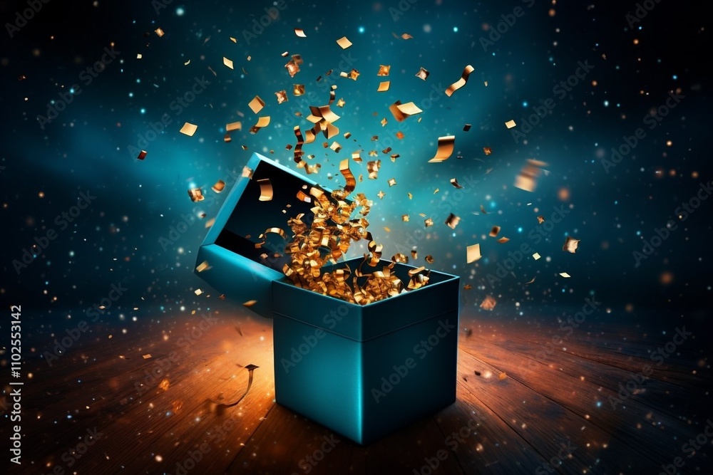 The Magical Treasure Box Overflowing with a Burst of Brilliant Light and Shimmering Gold. Christmas and New Year background