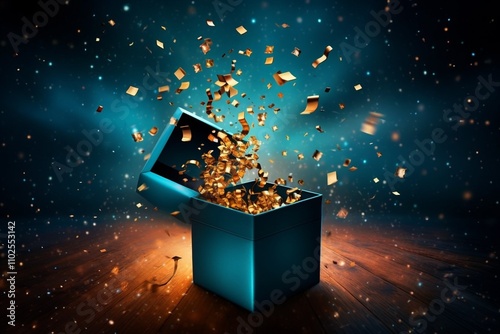 Obraz na płótnie The Magical Treasure Box Overflowing with a Burst of Brilliant Light and Shimmering Gold. Christmas and New Year background w salonie