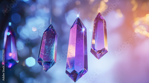 Three iridescent purple amethyst crystals hang, showcasing their facets and inner light against a bokeh background. They evoke a sense of serenity and spiritual energy
 photo