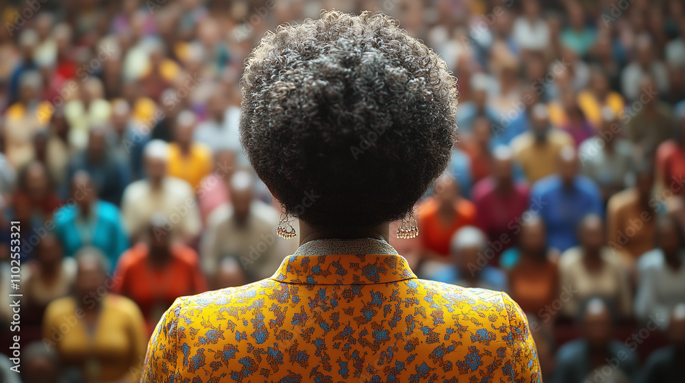 A rear view of an elegant African American woman in a yellow dress presenting at a conference in front of an audience highlights her leadership and the importance of representation