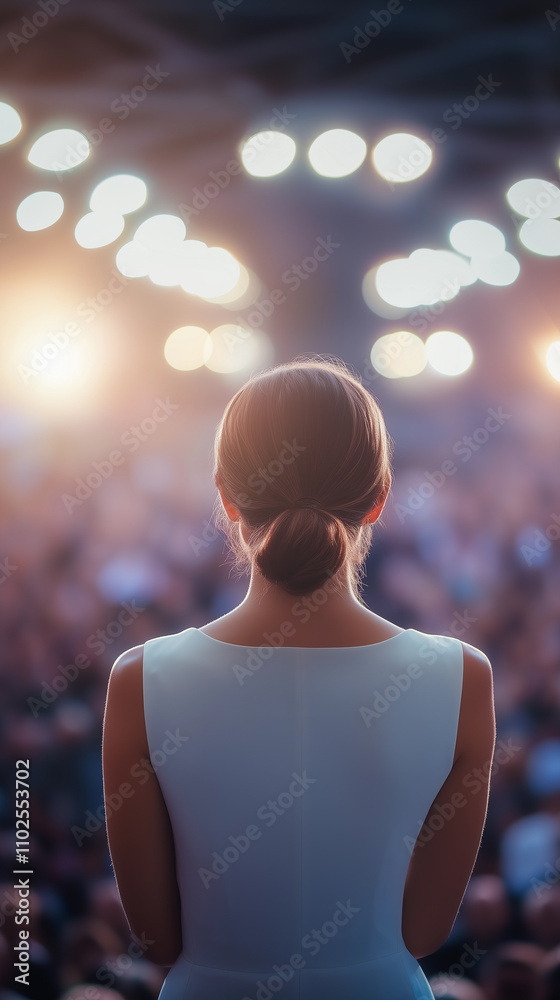rear view of an elegant woman in a white dress presenting at a conference in front of an audience highlights leadership and professionalism