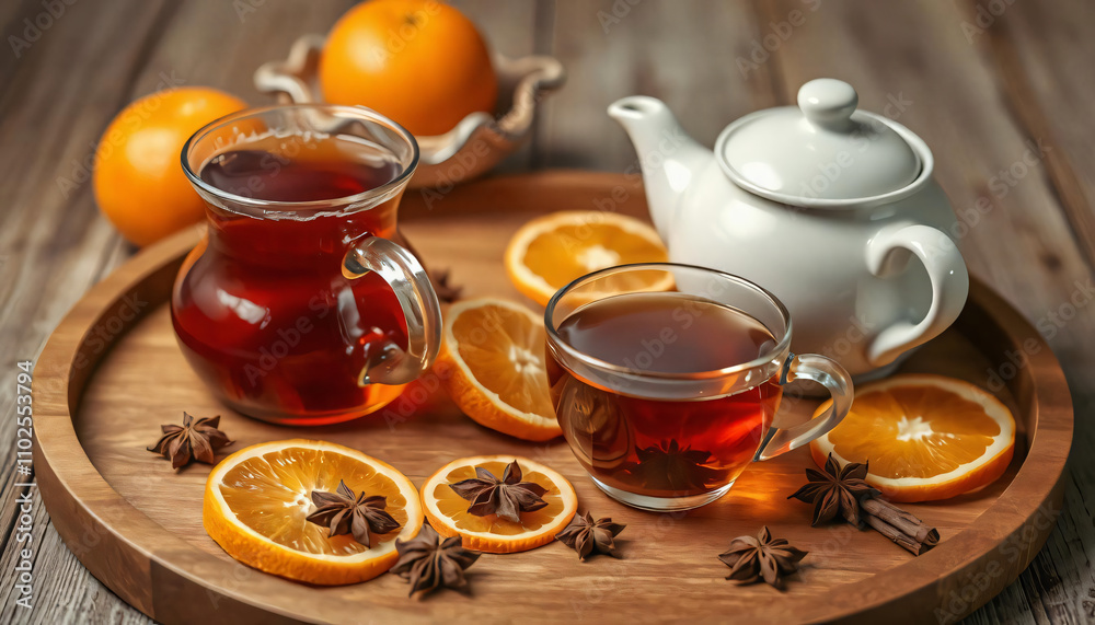 teapot and cup of herbal tea surrounded by dried orange slices, star anise, and cloves on a wooden tray teapot and cup of herbal tea surrounded by dried orange slices, star anise, and cloves on a wooden tray