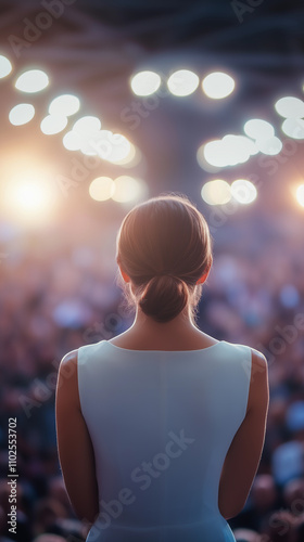 Obraz na płótnie rear view of an elegant woman in a white dress presenting at a conference in front of an audience highlights leadership and professionalism w salonie