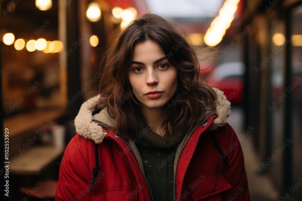 Portrait of a beautiful young brunette woman in a red jacket on the street. Portrait of a beautiful young brunette woman in a red jacket on the street.